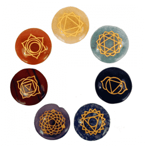 Set van 7 Goudkleurige Chakrasymbolen op Ronde Halfedelstenen