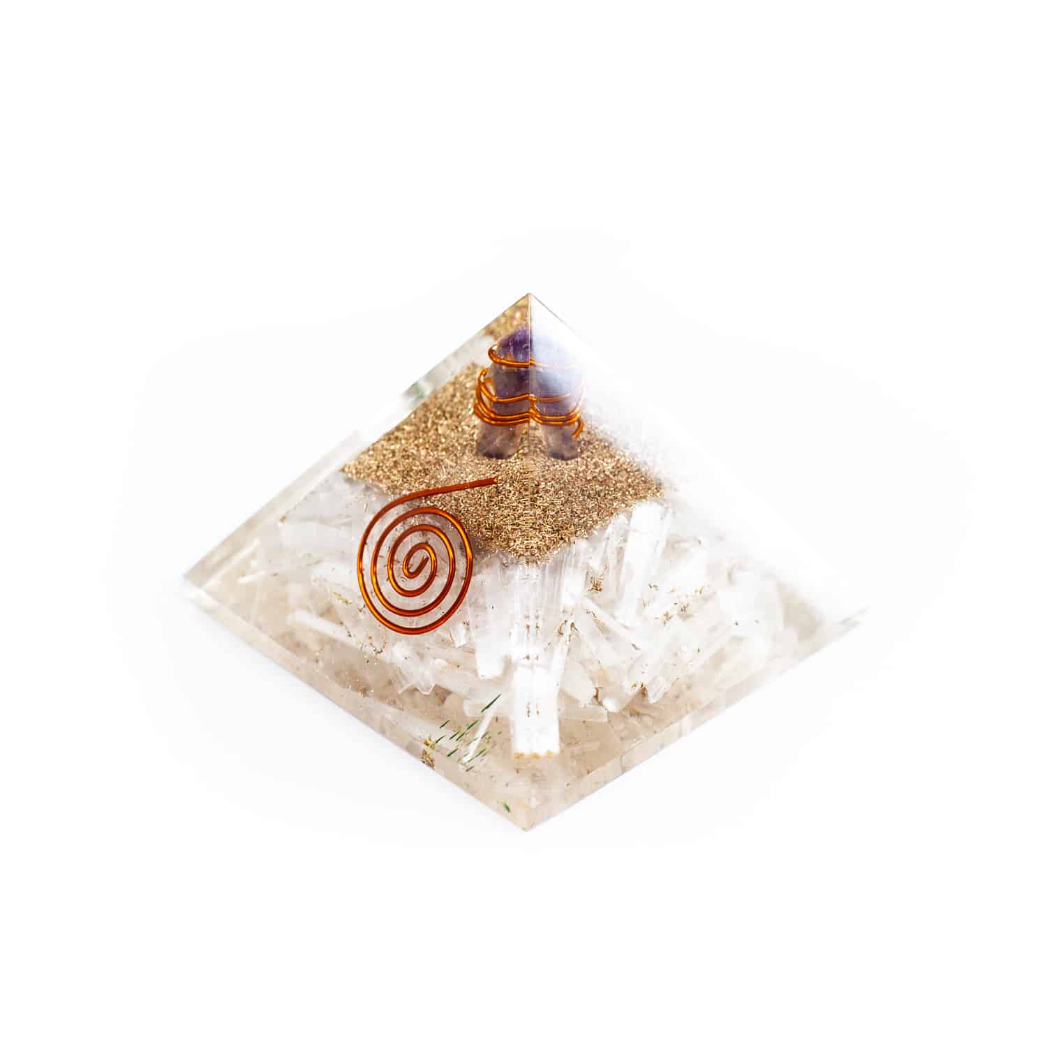 Orgonite Piramide Seleniet/ Amethist (70 mm)