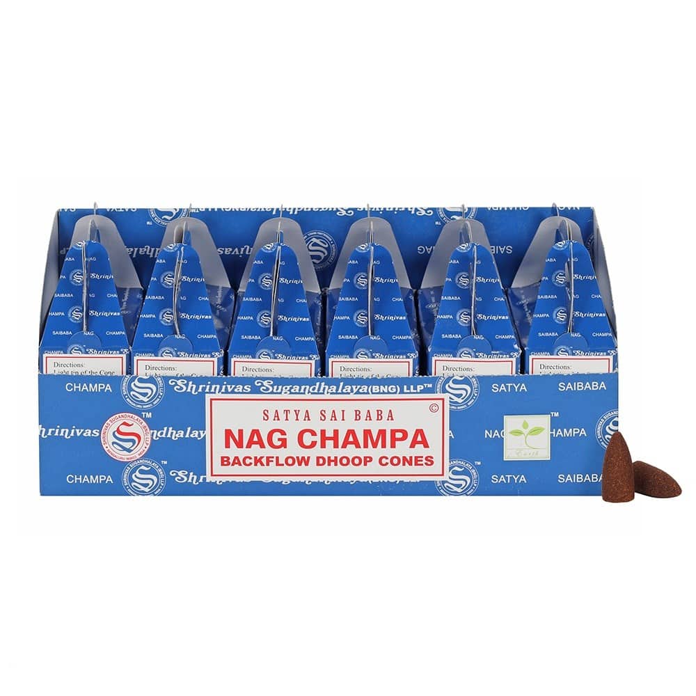 Satya Backflow Wierook Kegels Nag Champa (6 pakjes met 24 kegels)
