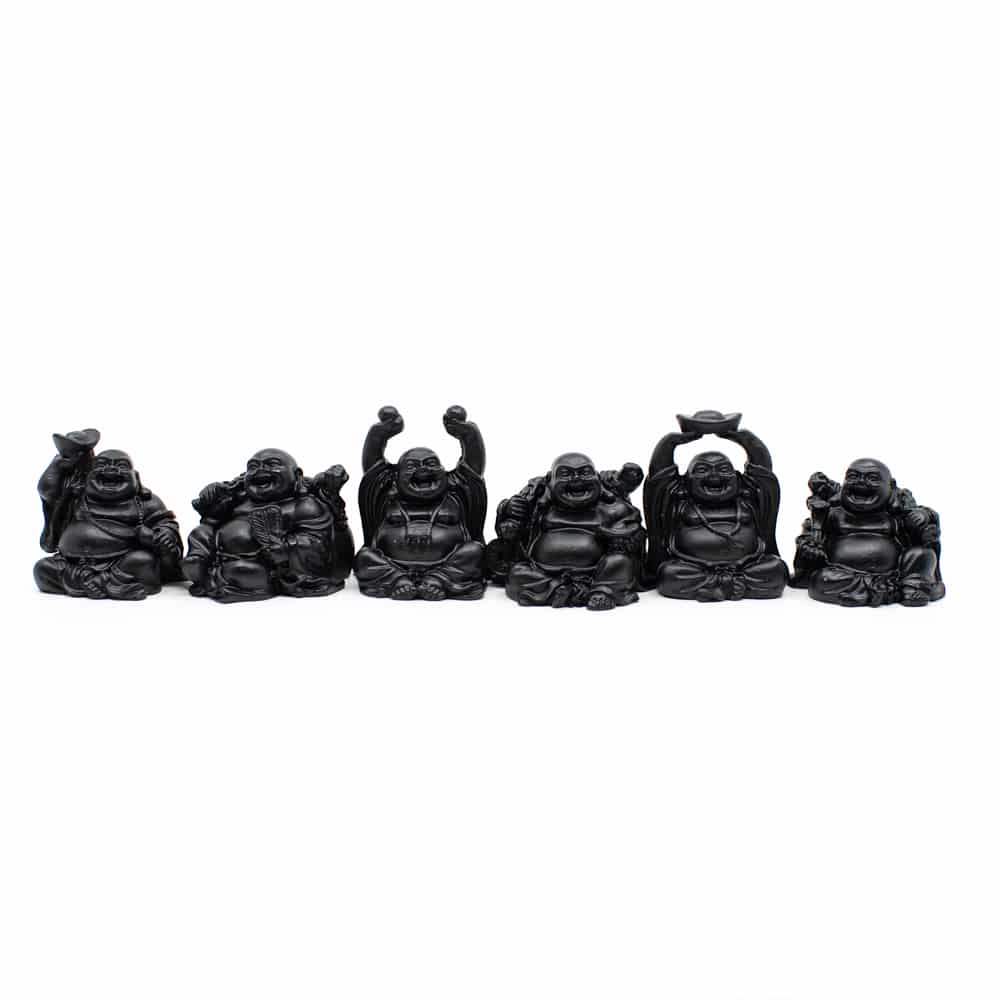 Happy Boeddha Beeld Zittend Polyresin Zwart - set van 6 - ca. 7.5 cm