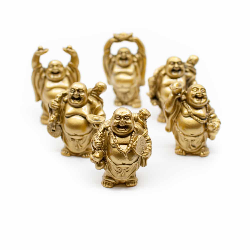 Happy Boeddha Beeld Staand Polyresin Goudkleurig - set van 6 - ca. 7.5 cm