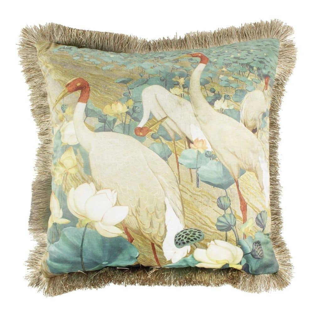 Fluwelen Kussen met Witte Kraanvogels en Gouden Franjes (45 x 45 cm)
