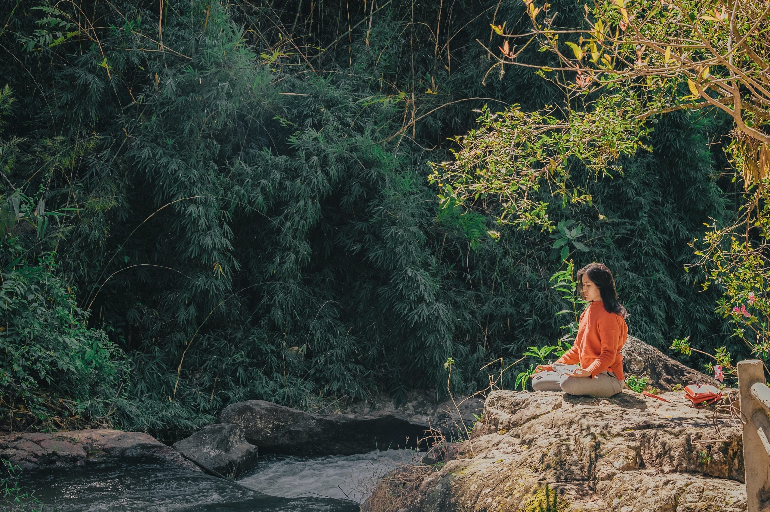 vrouw mediteren op rots in natuur