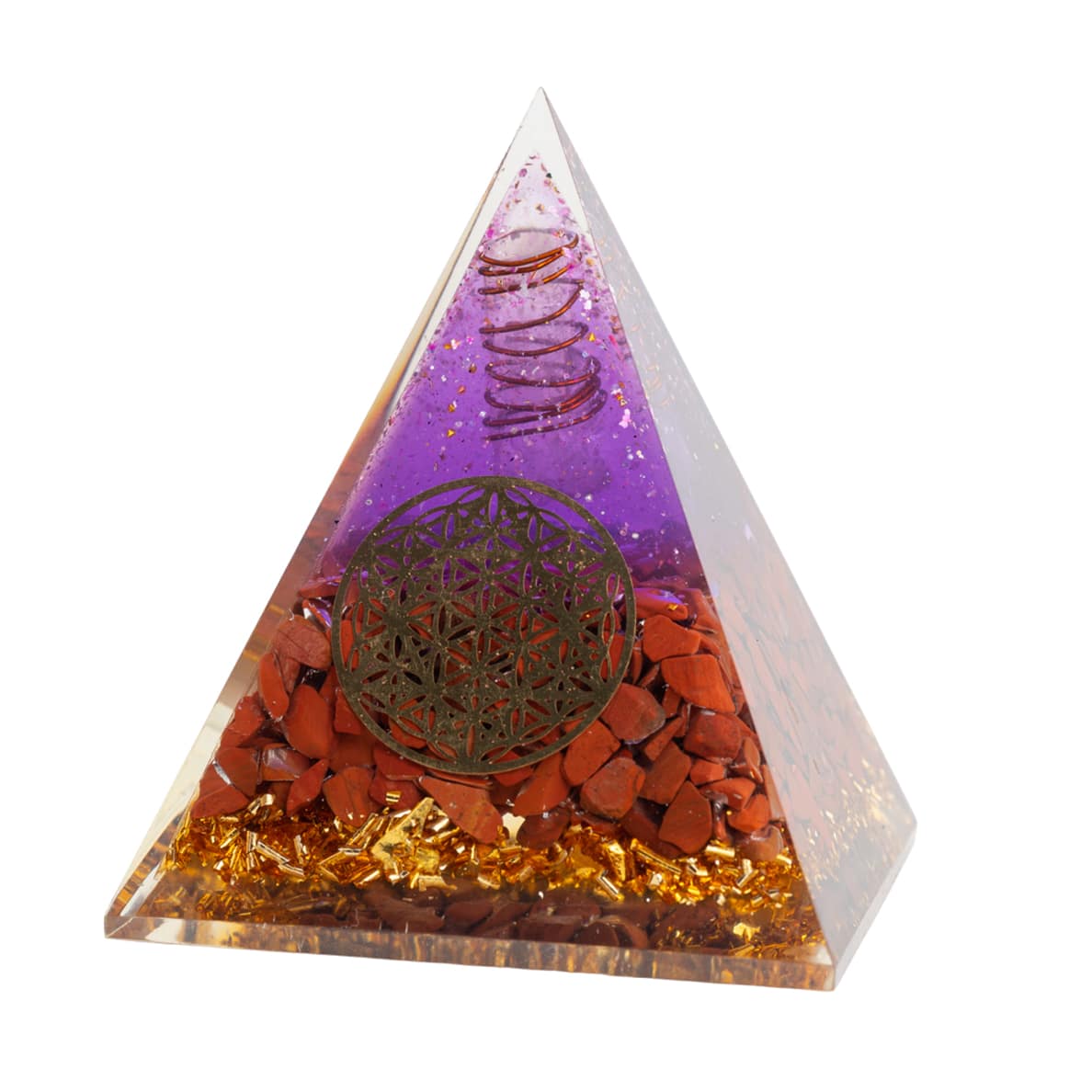 Orgonite Piramide Bergkristal Punt Amethist en Rode Jaspis Flower of Life (90 mm)