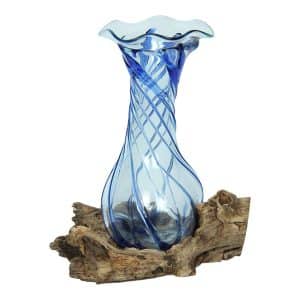 Bruine Sarana Drijfhout Decoratie Glas met Blauwe Lijnen L